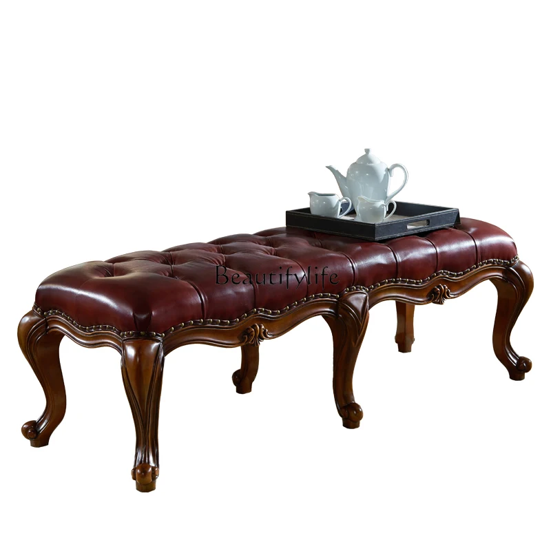 

American Style Genuine Leather Bed End Stool European Style All Solid Wood Clothes Stool Bedroom Bed Bench