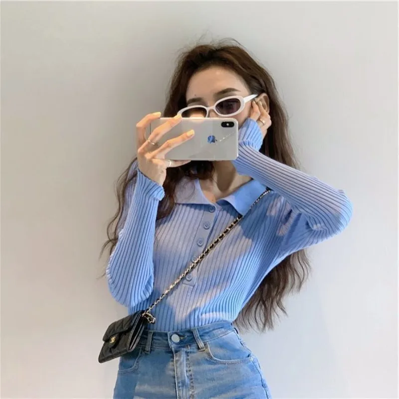 

Shpmishal Knitted Base Sweater for Women's Autumn Short Style with A Fitted and Versatile Blue Polo Collar Top Female Clothing