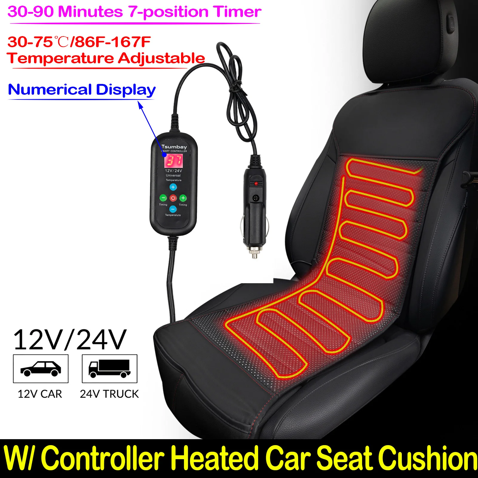 W/ Smart Remote Car Heated Seat Cover Cushion Warmer 12V 24V 30W PU Leather Heating Warming Winter Pad Protector Cover Styling