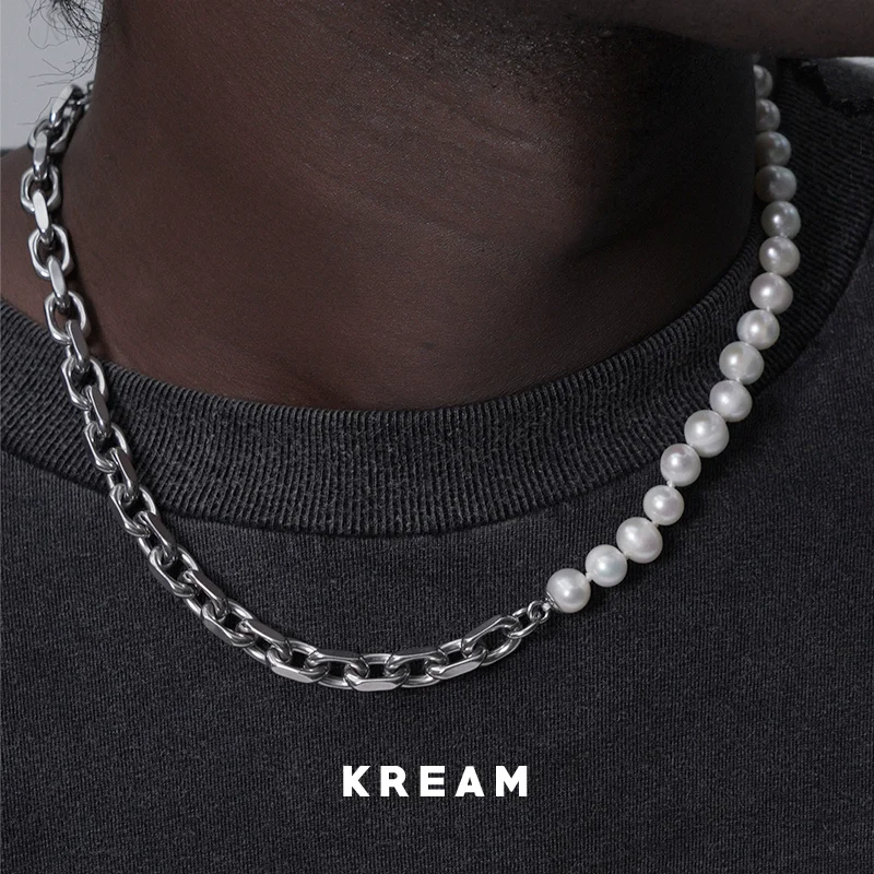 

Hip Hop Half Pearl Half Cuban Chain Necklace for Men Women Punk Metal Stainless Steel Charm Jewelry Accessories