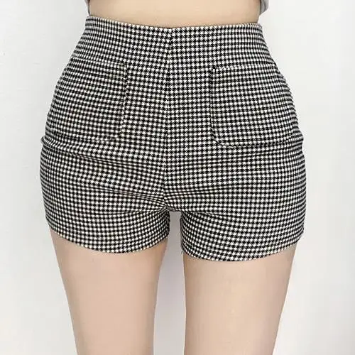 High Waist Slim Fit Ultra Short Shorts Korean Style Commute Wind Check Pattern Pockets Long Legging Butt Enhancing Shorts