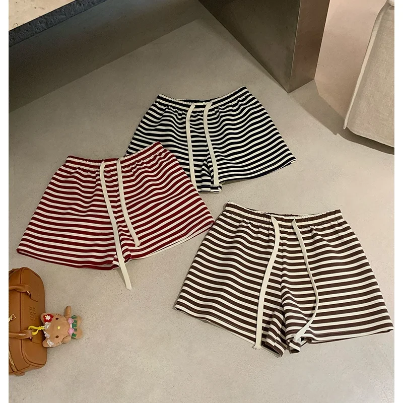 

Шорты с высокой талией в полоску, свободного кроя, универсальные повседневные брюки, широкие штанины, расслабленный стиль, женская мода, весенний сезон, без начеса