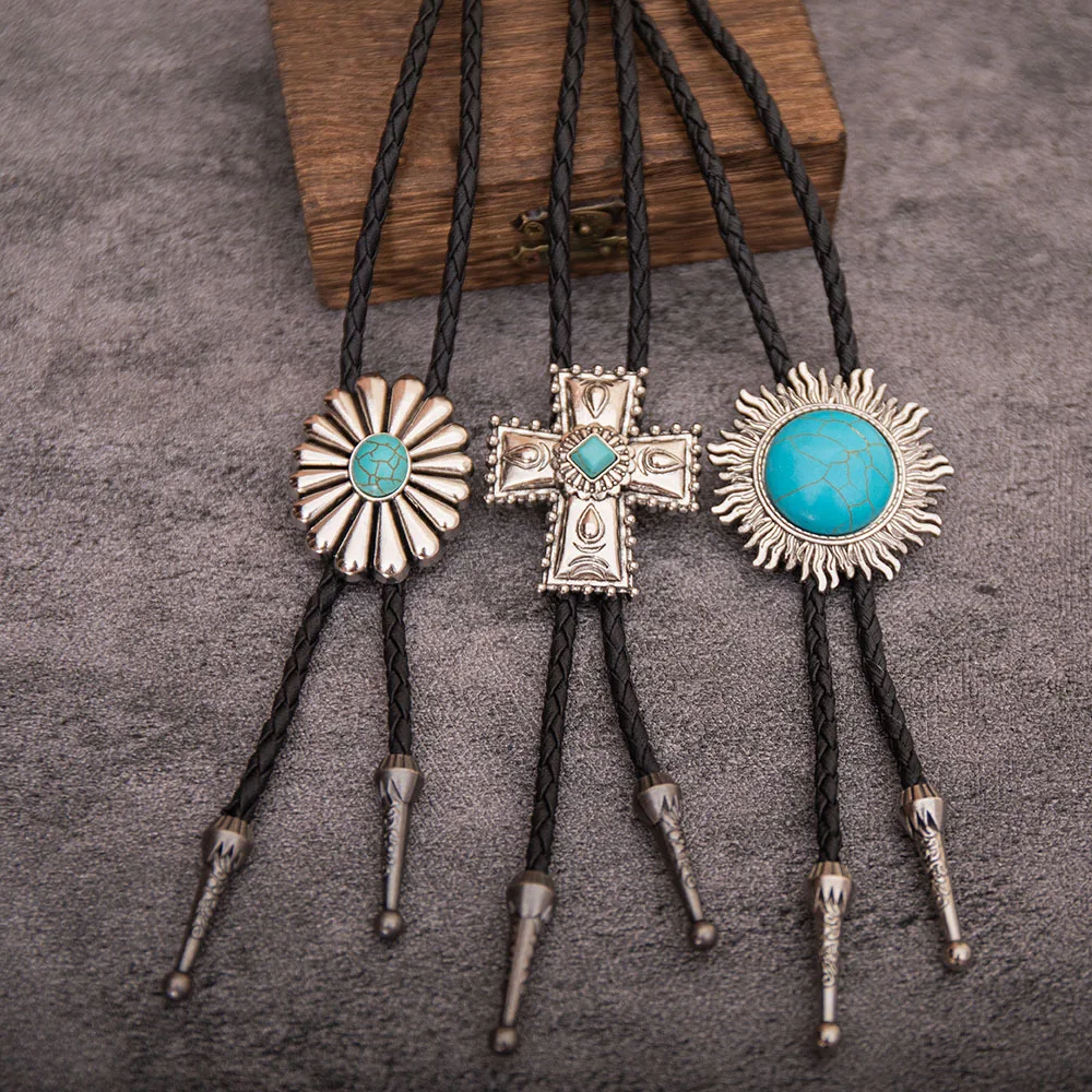 

SELOVO Genunie Leather Bolo Tie Native Western Bola Tie Stone