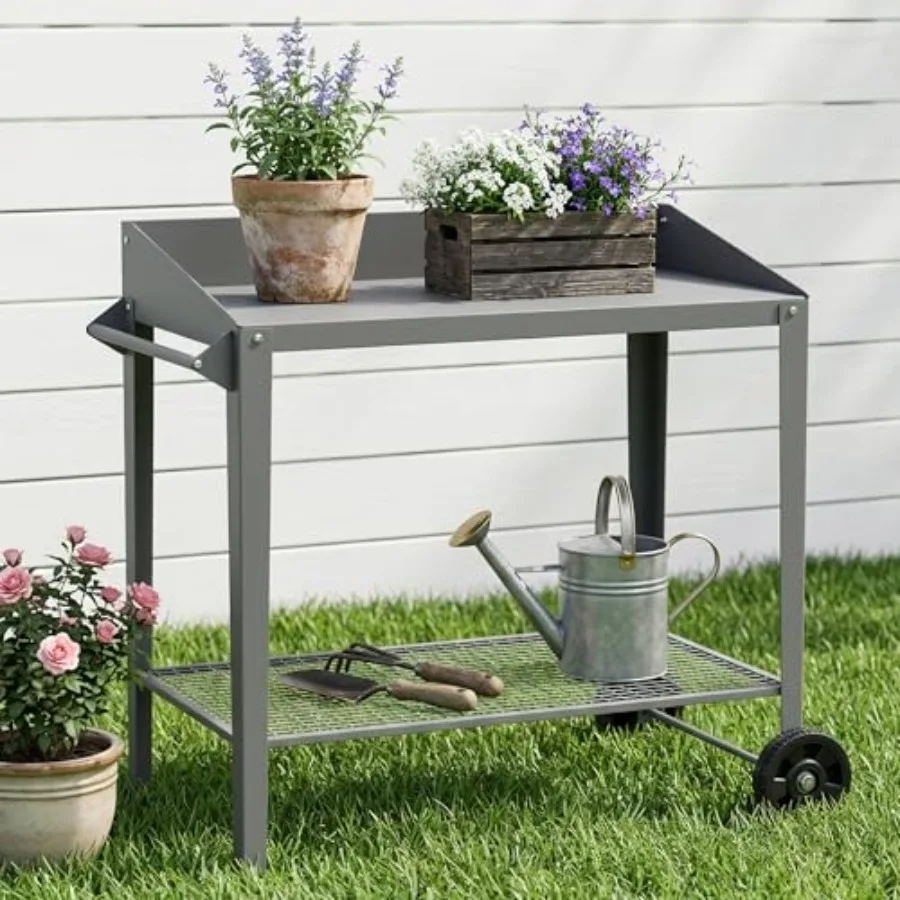 Outdoor Metal Potting Bench with Wheels, Storage Shelf, Dark Gray