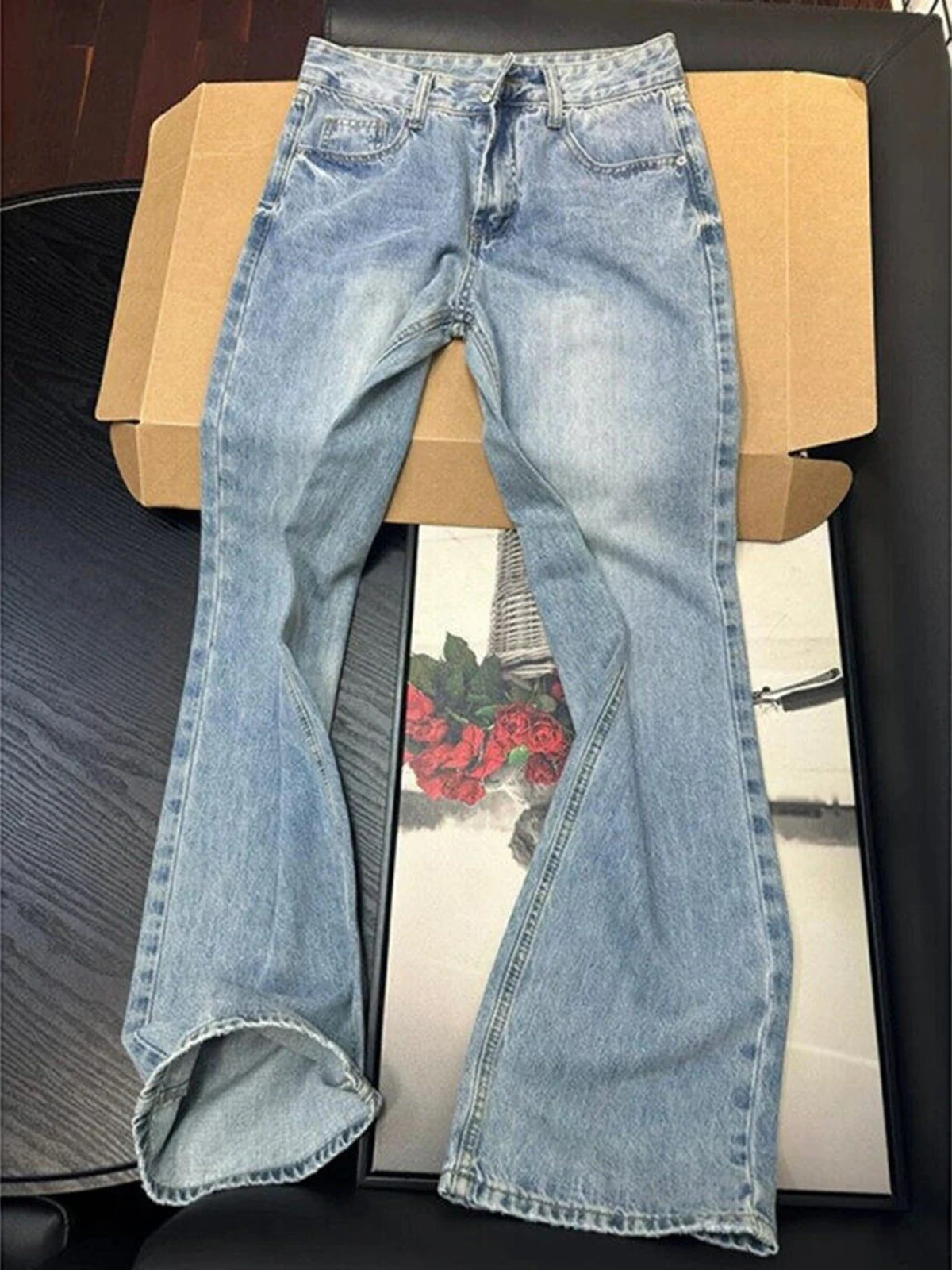 

Waed Blue Men's Micro Flared Jeans mid Low Waist Straight Leg Trendy Cleanfit High Street Spring Summer Autumn Casual Jeans