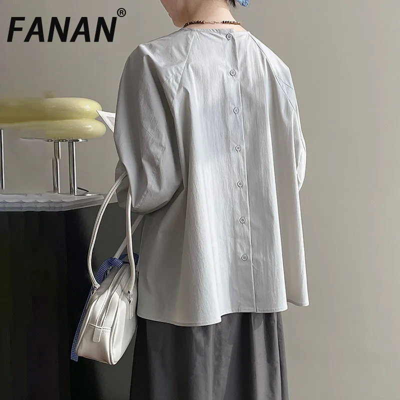 

FANAN Back Button Design Shirts Women's Round Neck Long Sleeve Minimalism Fit Blouses Fashion Tops Female Clothing 2025 New