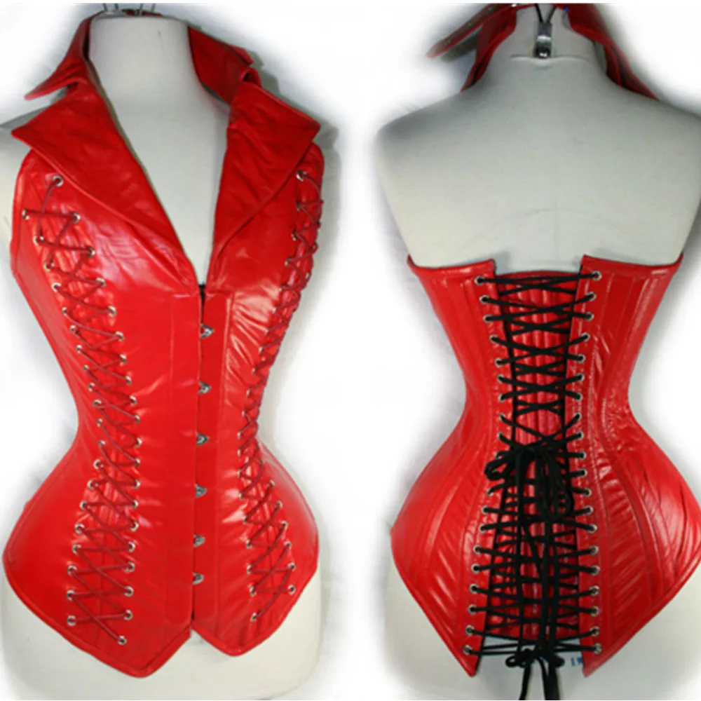 

Straps Sexy V-Neck Overbust Gothic steampunk waist Cincher corset Underbust Faux Leather Steel Boned Corset Vest Leather Corset