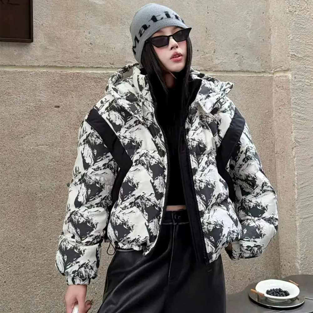 

Women's Tie Dye Printed down Jacket Thick White Duck down Coat Short Parka Outerwear Korean Fashion Winter Super Beautiful