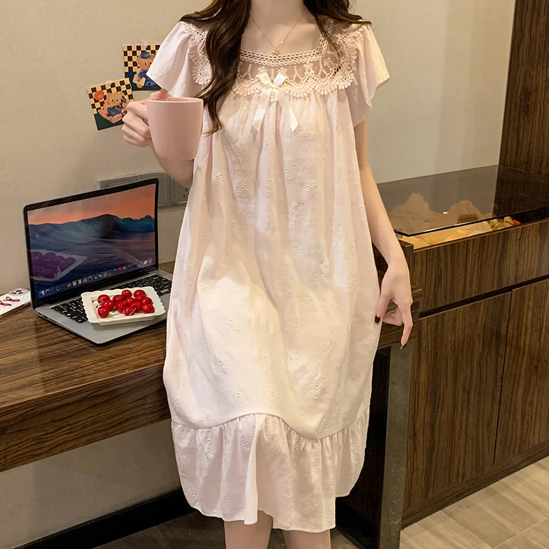 Women'S Nightgown For Summer, New Jacquard Design, Sweet Princess Style, Apricot Color With Lace And Built-In Chest Pad