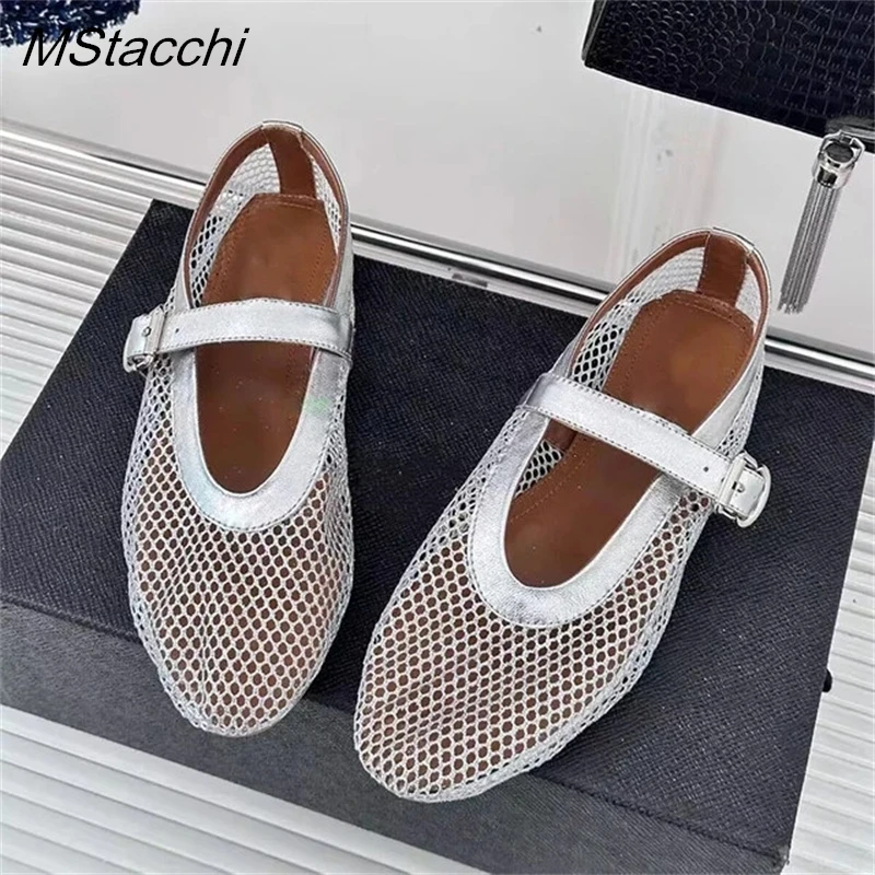 Sommer Mesh Falts Schuhe Frauen Sandalen Atmungsaktive Ballett Komfortable Mary Jane Freizeit Schnalle Frauen Müßiggänger Schuhe 2024