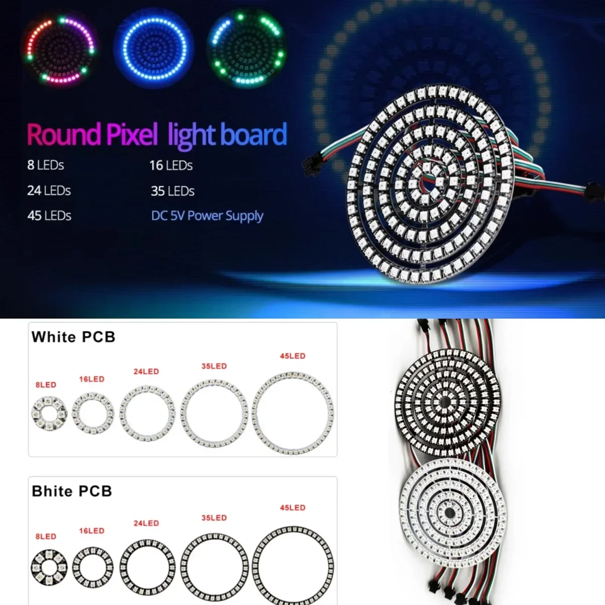 WS2812B RGB Led Ring Kit Individually Addressable and USB 28Key Bluetooth Music Controller or BuiIt-in 8/16/24/35/45 Pixels Lamp