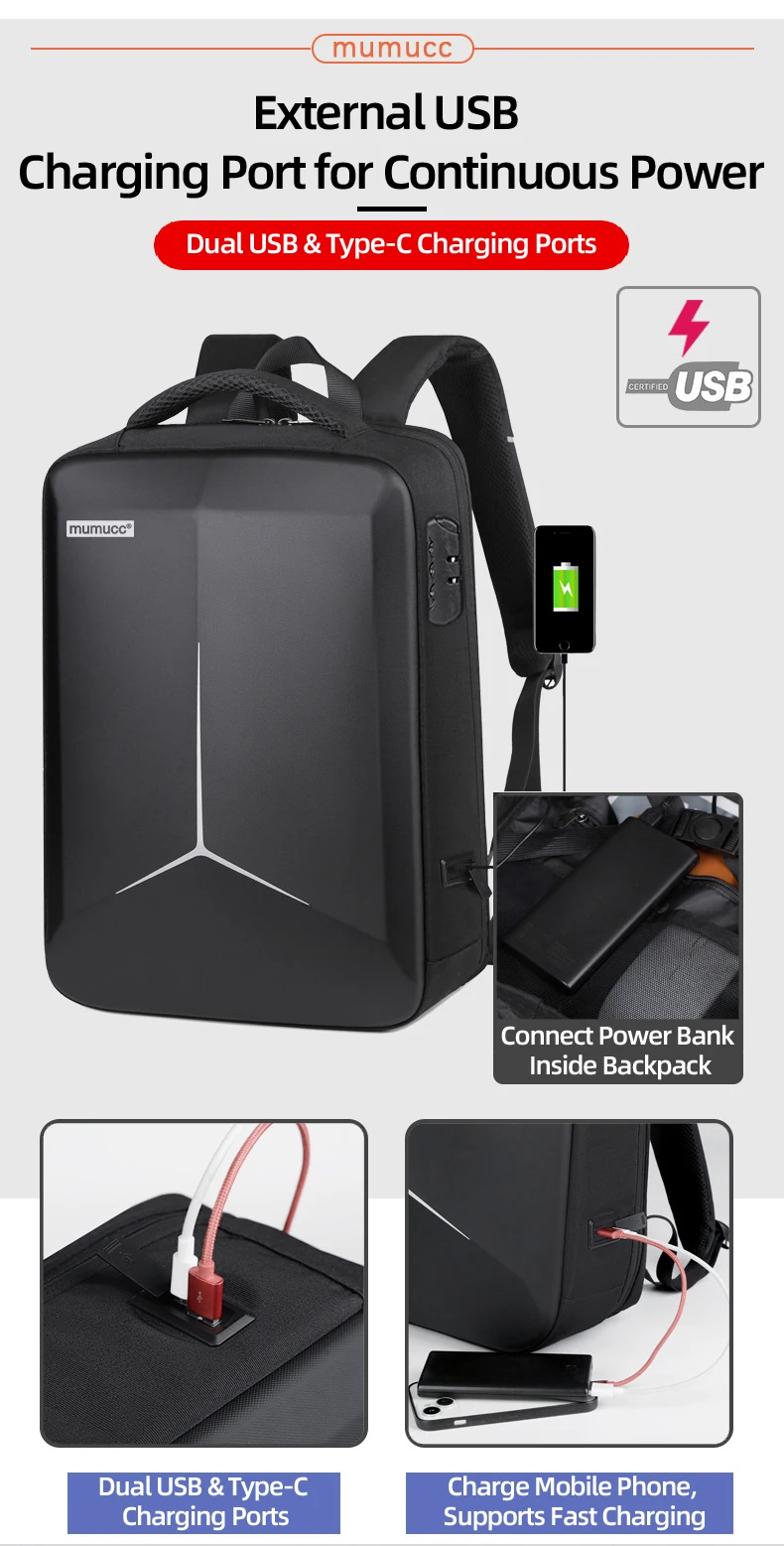 MUMUCC Hard EVA Shell Laptop Backpack Shockproof USB Type C Charging Anti Theft Password Lock Travel Backpack with Luggage Strap