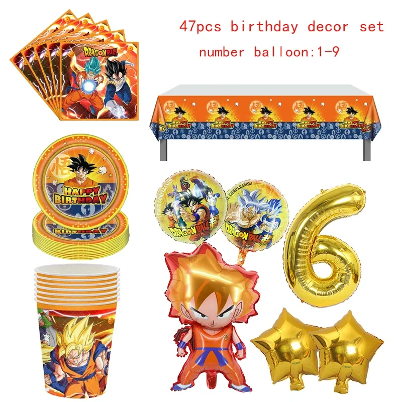 Dragon Ball Birthday Party Decoration Set, Pratos, Copos, Guardanapos, Toalha de Mesa, Número Balão, Son Goku, Meninos, Meninas, Fontes de Festa, 47pcs