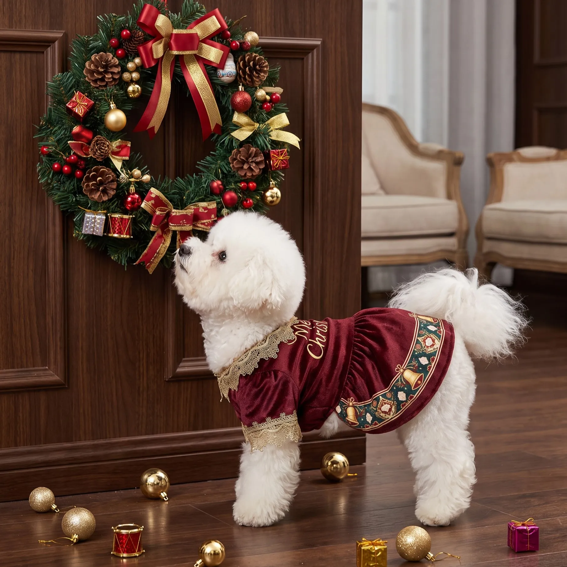 1 Haustierkleid, burgunderrotes Samtkleid für Hunde mit Spitzenrüschen, Weihnachtsmuster mit Glockenblumen-Print für Haustiere – Detail 5