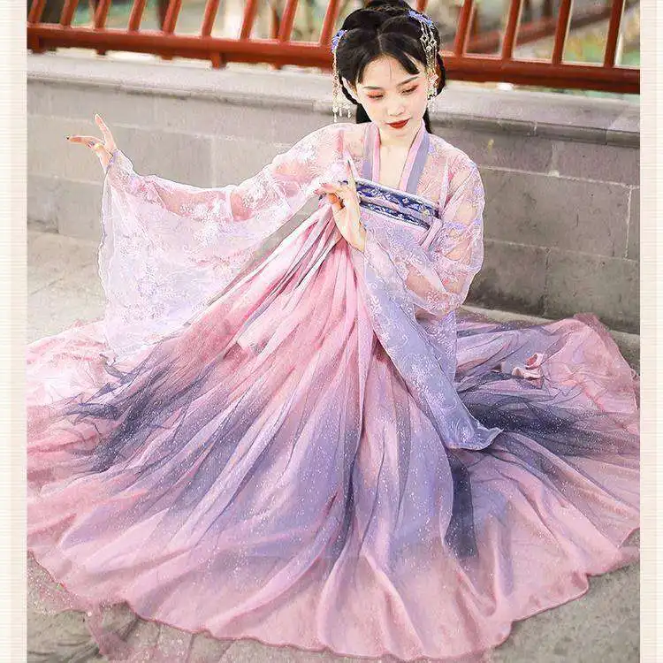 Traditional Chinese Hanfu for Women Tang Dynasty Flower Embroidery Purple Chest and Waist Length Skirts Fairy Outfits 3PCS Sets