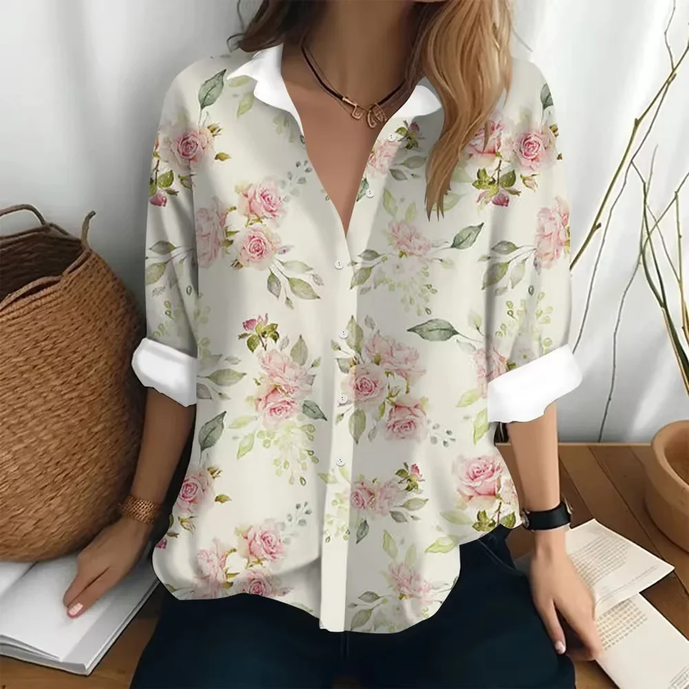 

Summer Floral Women's Vocation Lapel Collar Shirts 3d Print Fashion Women Streetwear Long-sleeved Blouse Tops