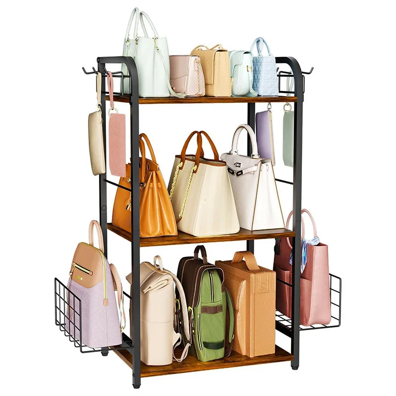 

Bag Storage Rack with Side Hook and Basket Iron and Wooden Combination Triple Bag Storage Rack
