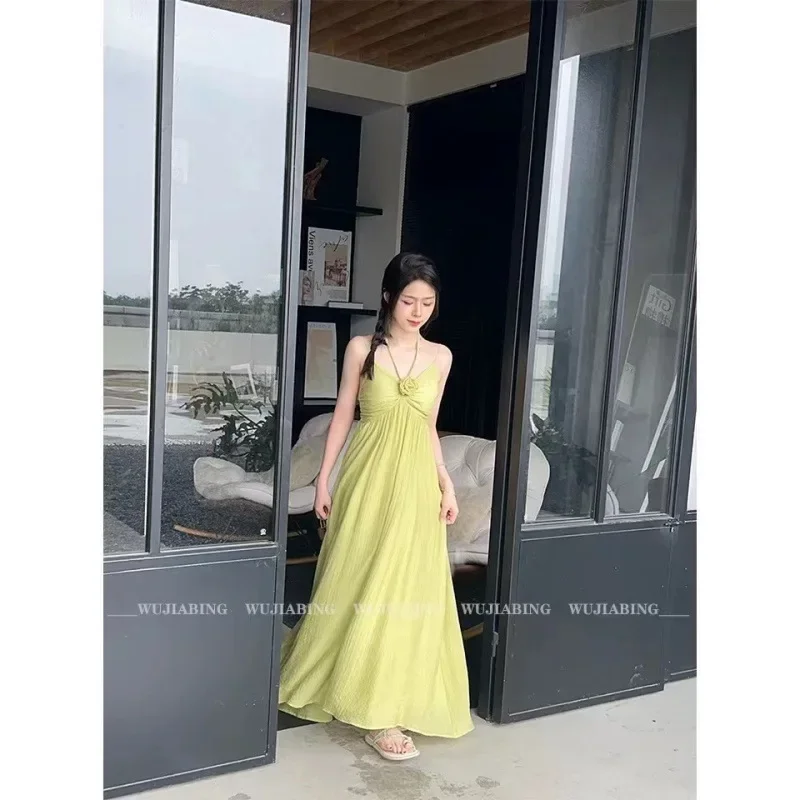 Greentank Long Dress Summer Women's Beach Vacation Open-Back Dress White-Looking Green Field Fairy Tale Dress