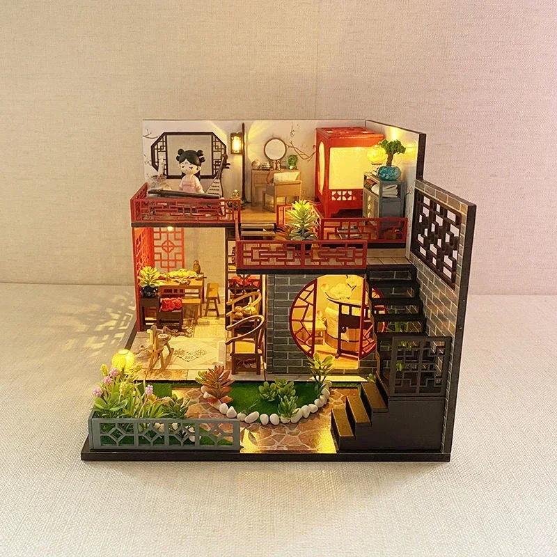 Chinese Ancient Room Assembled Casa Dollhouse DIY Wooden Doll Houses Miniature Building Kits for Girls Handmade Gifts