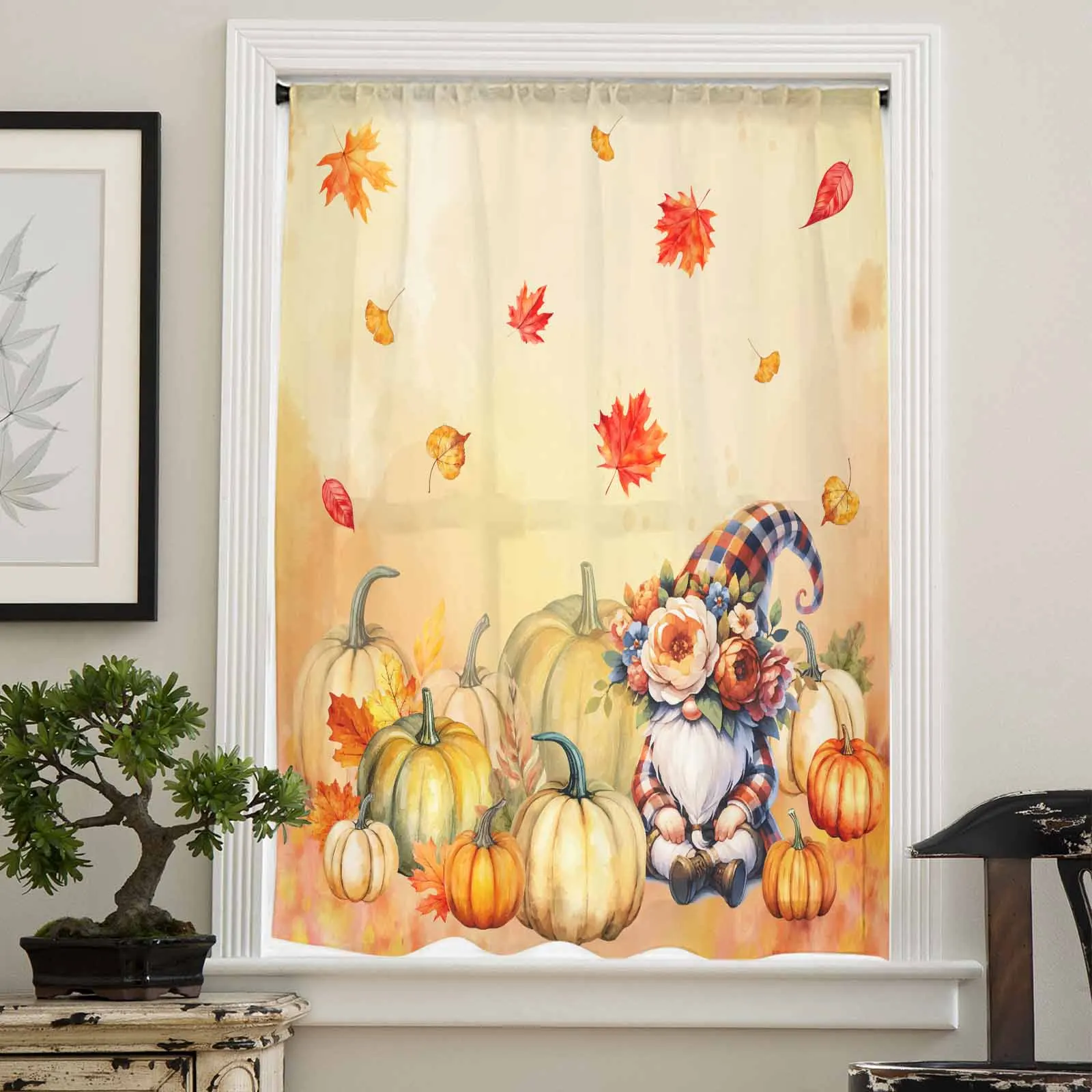 Thanksgiving Plant Pumpkin Maple Leaf Dwarf Flower Plaid Sheer Curtain Living Room Drape Home Voile Curtain Tulle Window Curtain