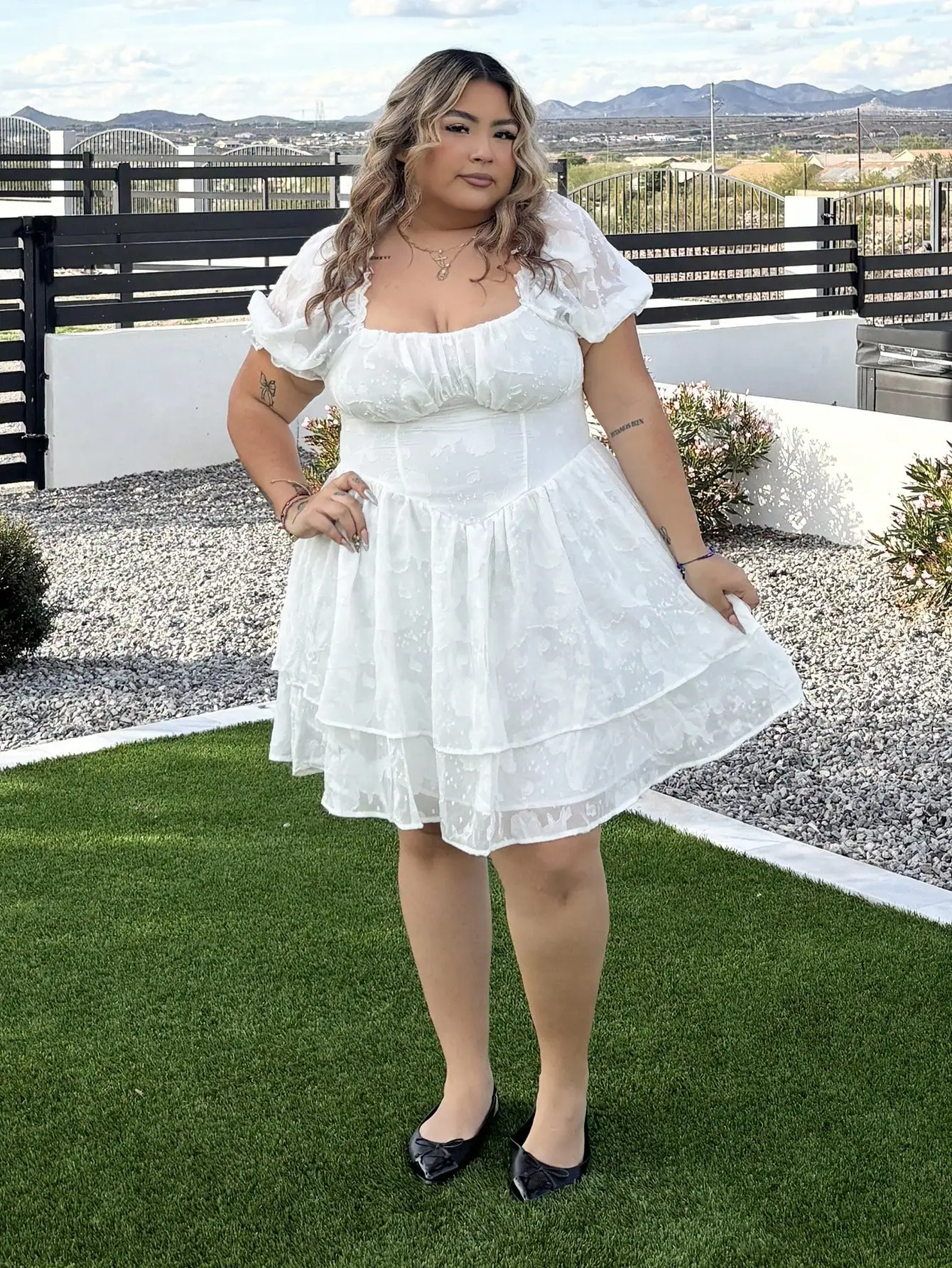 Plus Size Ruched Bust Puff Sleeve Jacquard Dress For Apple Rounded Body Summer