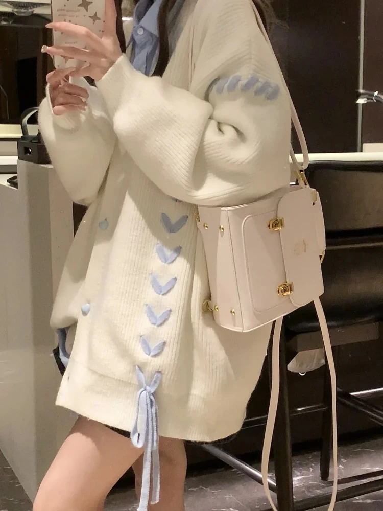 Preppy V-neck Cardigan Sweaters for Women Sweet Lace-up Kawaii Schoolgirls Long-sleeved Knitwear Coat Ins Autumn Korean Version