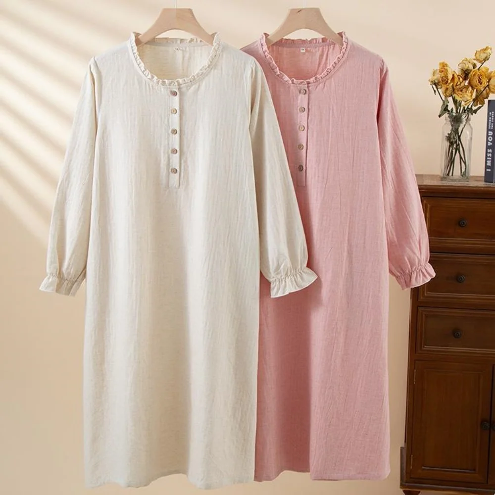 

Women's Nightgown Autumn Long Sleeve Sleep Dress Pure Cotton Loose Pajamas Dress Home Nighty For Woman Nightwear Sleepwear
