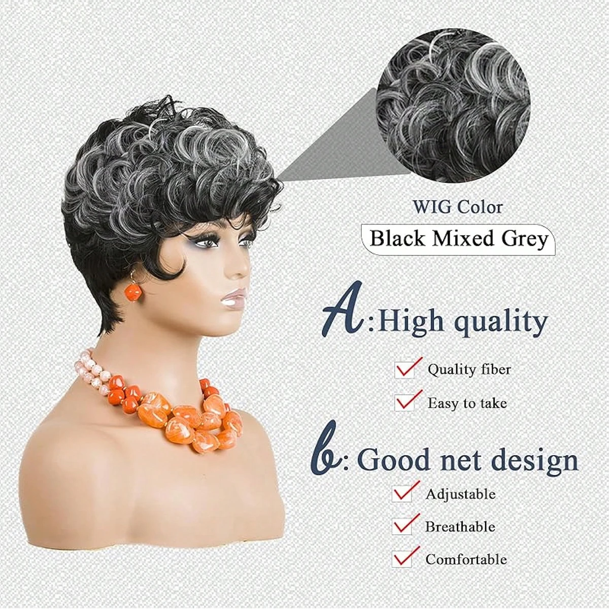 قصيرة عابث الباروكات قصيرة رمادي أسود مجعد عابث الباروكات الاصطناعية خصلات الشعر المستعار الطبيعي متموج رمادي أسود عابث قطع شعر مستعار قصير مجعد #2