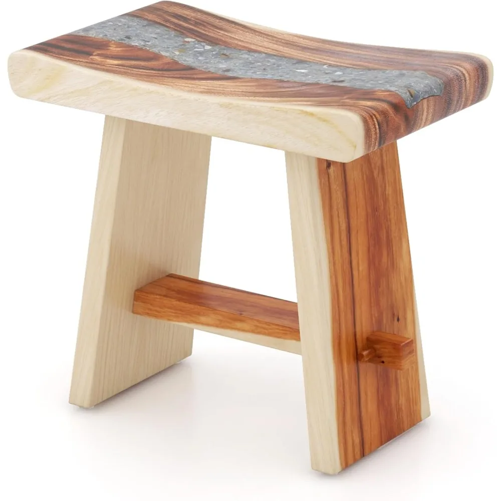 Teak Shower Bench, Fully Assembled Teak Shower Stool with Epoxy Resin Decoration and Curved Seat, Shower Bench for Shaving Legs