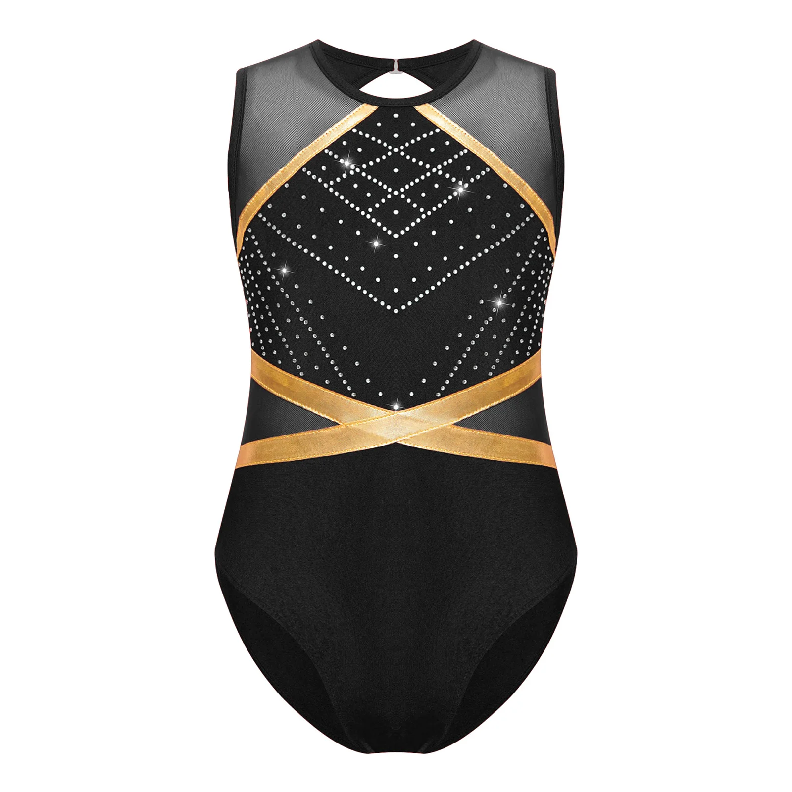 Kids Meisjes Glittery Steentjes Gymnastiek Balletjersey Artistiek Schaatsen Dans Kostuum Sleutelgat Rug Mouwloze Bodysuit