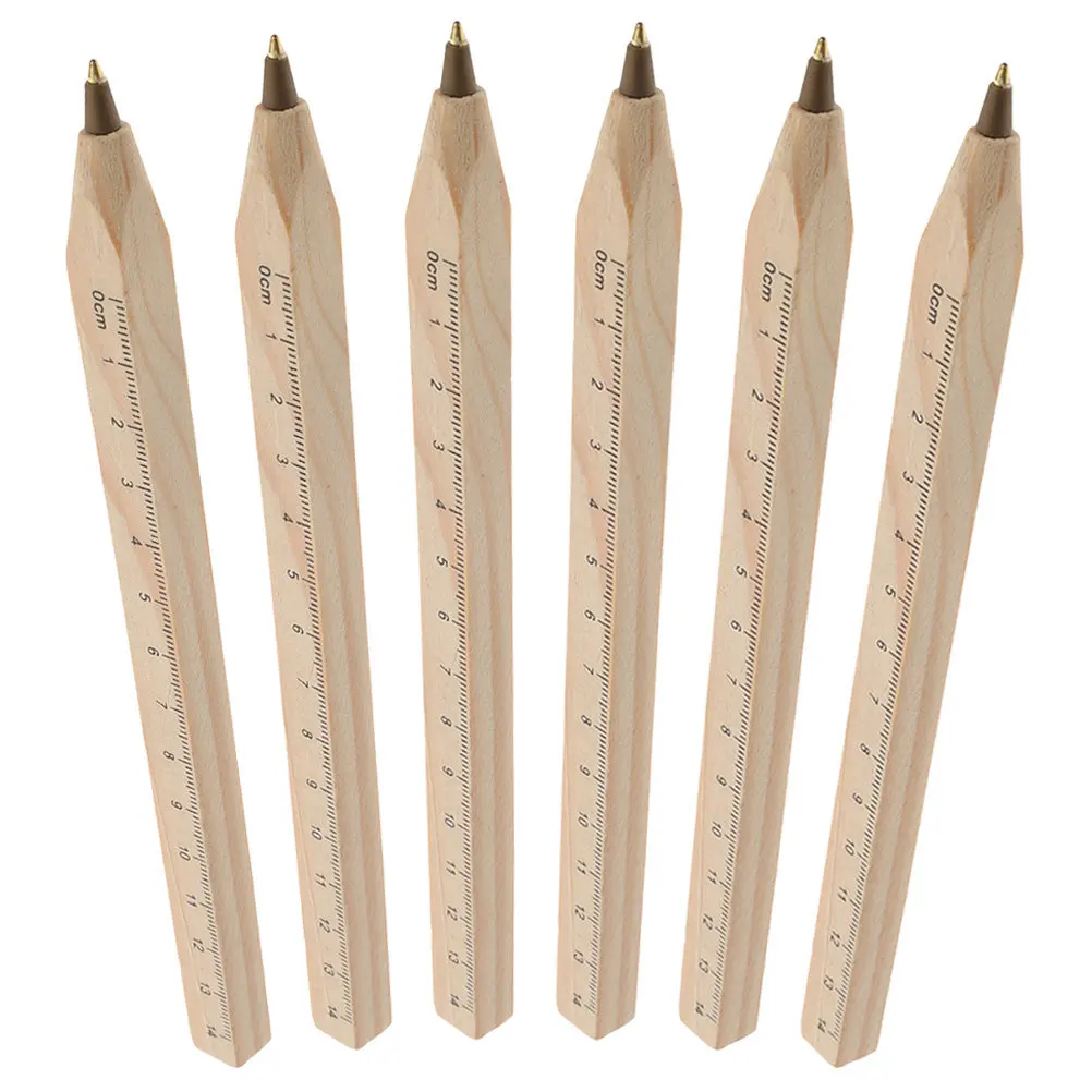 6Pcs Professional Carpenter Pens Natural Wood Ballpoint Ruler Pen Industrial Construction Marking Drawing Black Ink