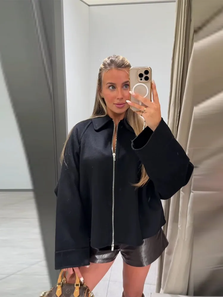

Fashion Solid Jacket Women's Turn-down Collar Full Sleeve Zipper Loose Coats 2025 Autumn Winter Lady Casual Commute Overcoat