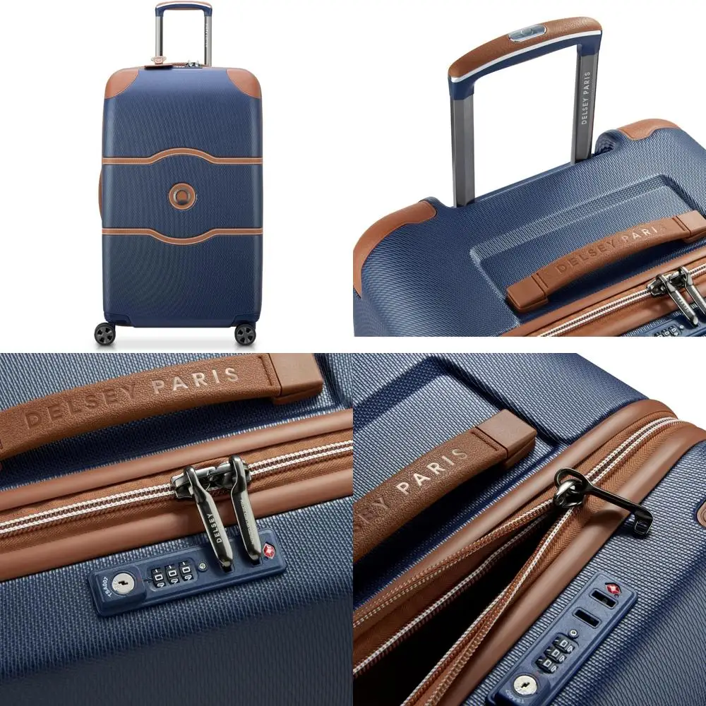 Spinner Wheel Hardside Luggage Trunk 26 Inch Navy Blue, Parisian Style Checked Design for Travel