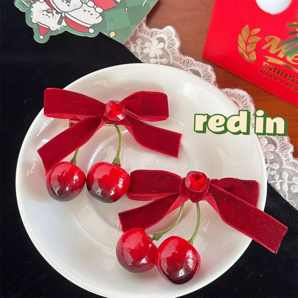 

Vintage Red Velvet Cherry Hairpin Bowknot Cloth Velvet Bow Hair Clip Side Clip Korean Style Headwear Female Hair Accessories