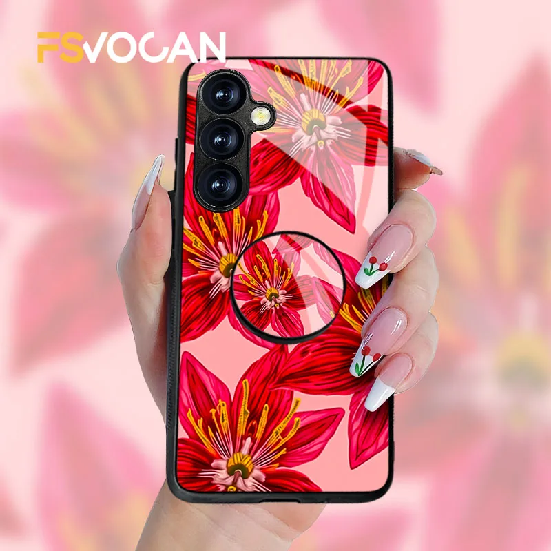 鮮やかな赤い花柄のスマホケース（ブラケット付き）Samsung Galaxy S26 S25 S24 S23 S22 S21 S20 Plus Ultra A53 A54 A32 A33 A34 A35 A55対応