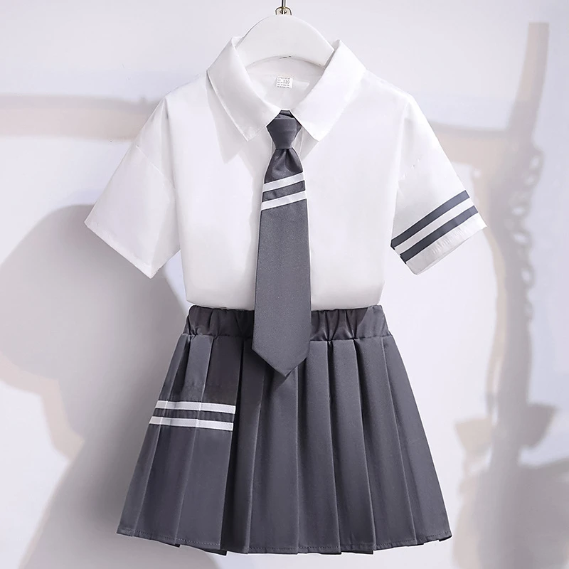 Summer Children Girls Clothes Set JK Student School Lapel Tshirts and Plaid Pleated Skirts Suit Kid Top Bottom Outfits with Tie