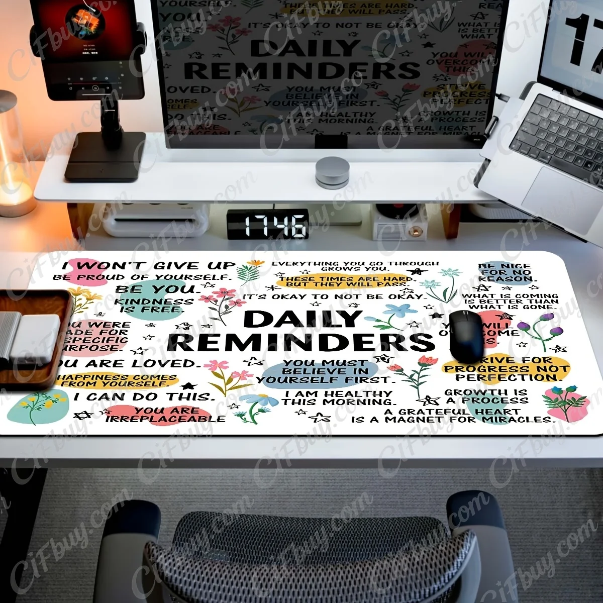 CIFBUY Inspirational Quote Floral Mouse Pad Large Gaming Desk Mat HD Print Stitched Edge Non Slip Rubber Base For PC Office Gift