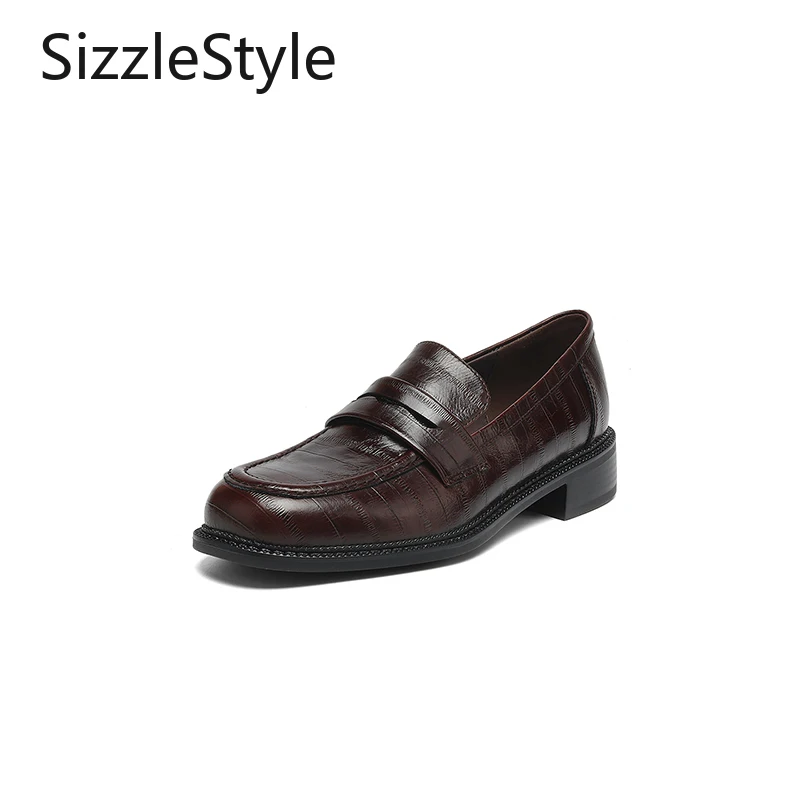 

New Women's Genuine Leather Plush Lined Comfort Slip-On 3cm Block Heel TPR Sole Black Brown Textured Leather Loafers