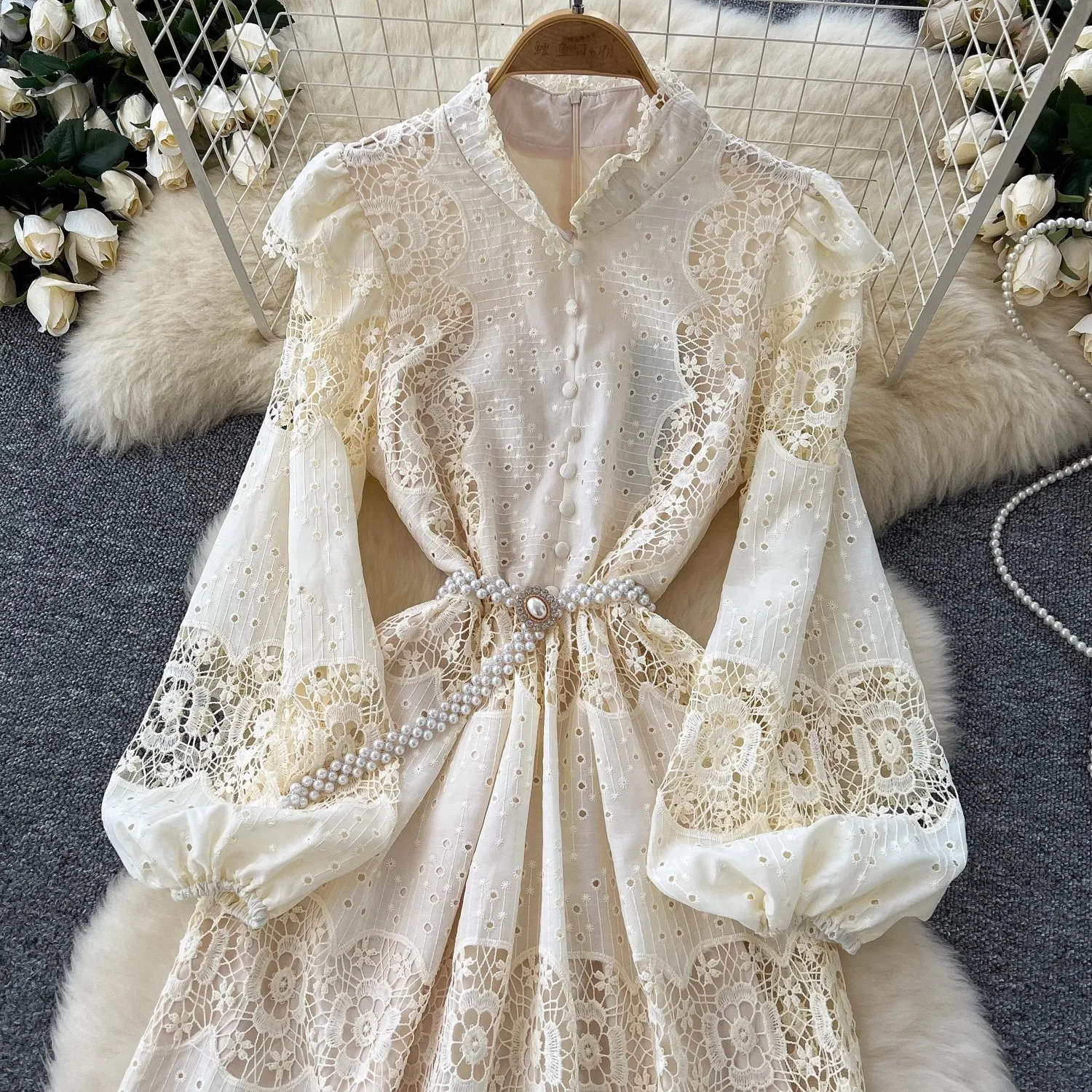 Runway Flower Embroidery Crochet Lace Cotton Dress Autumn Women\'s Stand Long Lantern Sleeve Hollow Out Evening Party Vestidos