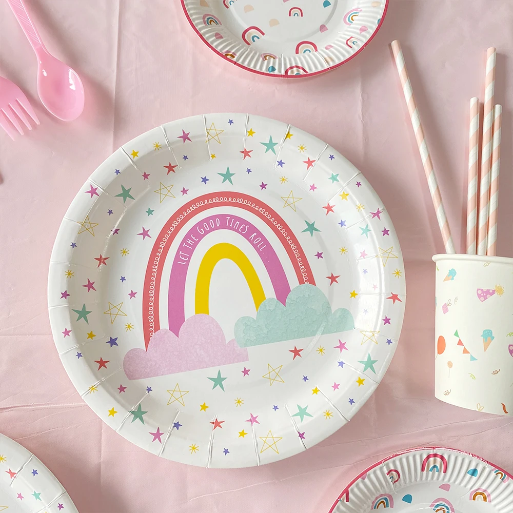 Zestaw jednorazowej zastawy stołowej Happy Birthday Party Cartoon Rainbow Stars Śliczne artykuły dekoracyjne na imprezę dla dzieci