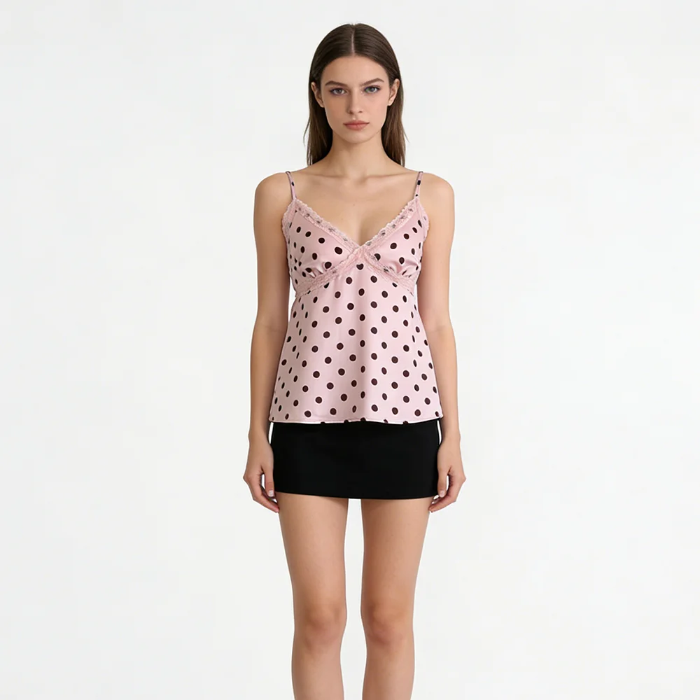 Nova Women's Pink Polka Dot Satin Camisole Lace Trim V-Neck Smocked Back Flared Hem Cami Top