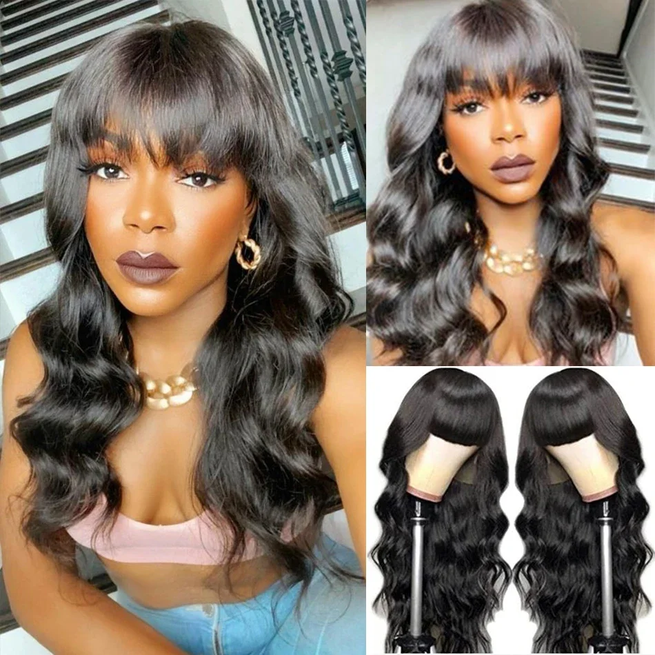 30 Inch Body Wave Wig 3x1 Full Machine Made With Bangs Human Hair 200 Density Wig Loose Human Hair Body Wave Wig For Women