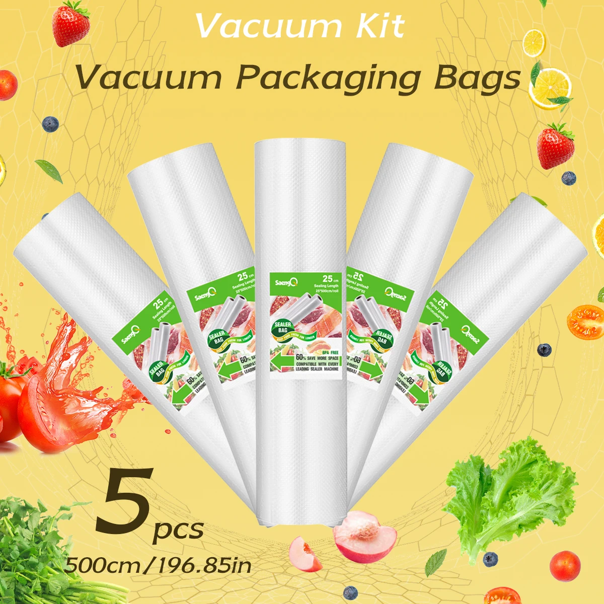 5 rolls of 500cm long textured roll bags, vacuum compression bags, single-sided mesh food vacuum packaging roll bags, 5 packs