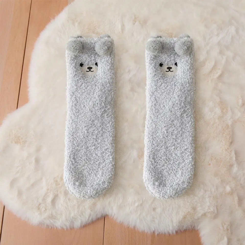 Women Mid-calf Socks Cozy Winter Women's Coral Fleece Bear Patterned Plush Socks Thickened Mid-tube for Home Sleep Coral Fleece image 4