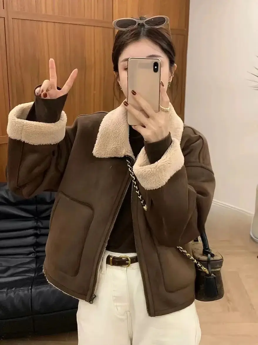 Winter Plush Bomber Jacket Coat Women Korean Loose Wild Zipper Outwear Thicken Warm Quilted Parker Jacket Female