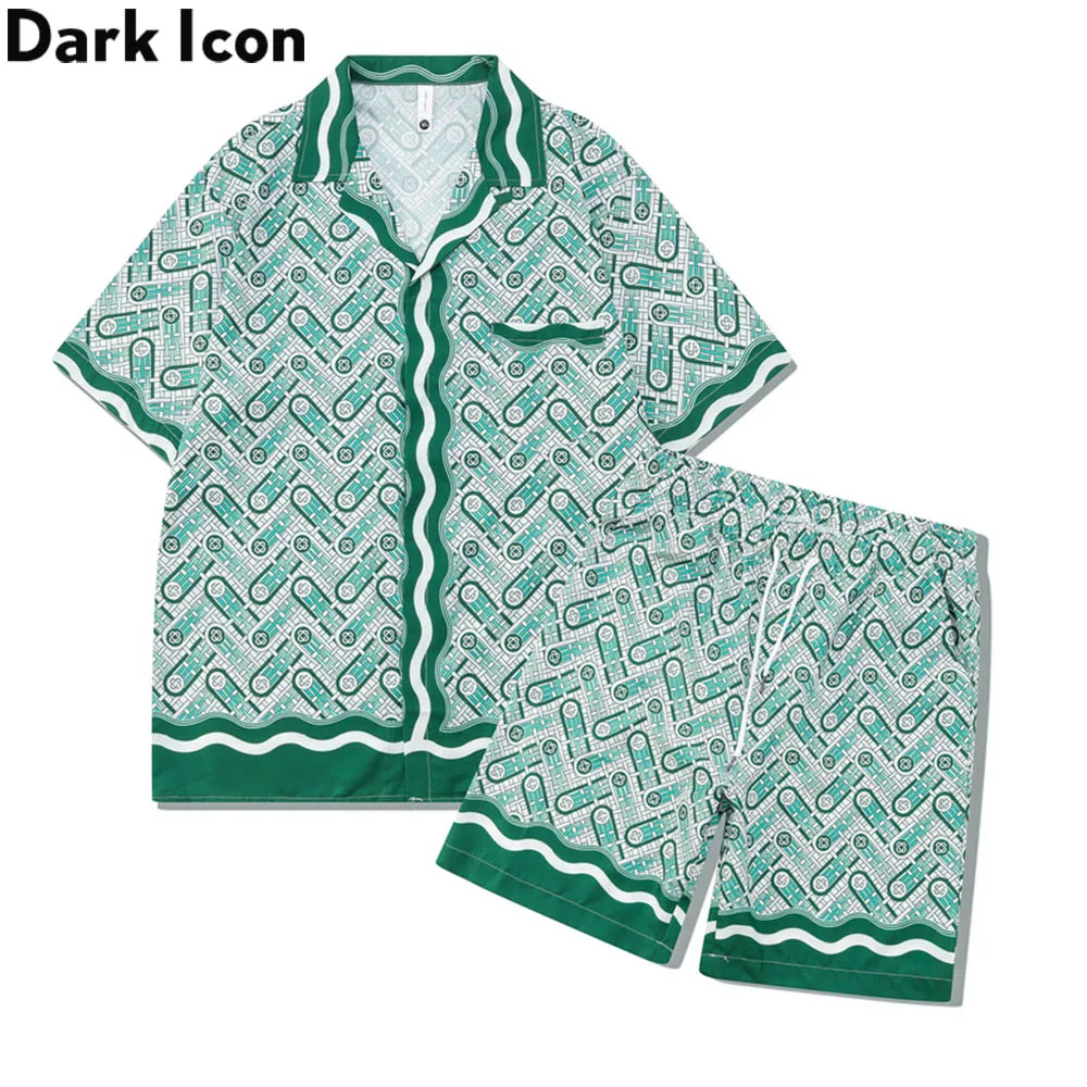 Dark Icon Checkered Thin Material Holiday Beach Men\'s Set Hawaiian Shirts with Shorts