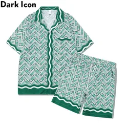 Dark Icon Checkered Thin Material Holiday Beach Men's Set Hawaiian Shirts with Shorts