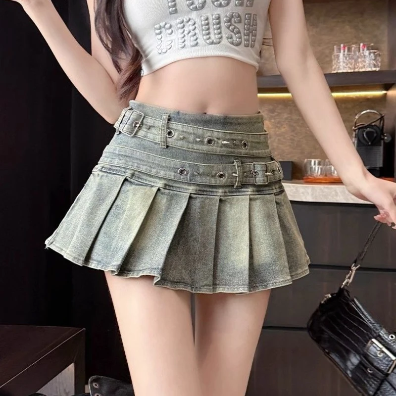 

Deeptown Vintage Denim Skirt Women Sexy Spicy Girl Pleated Mini Skirt Punk Black Gothic Streetwear Short Jean Skirts Aesthetics