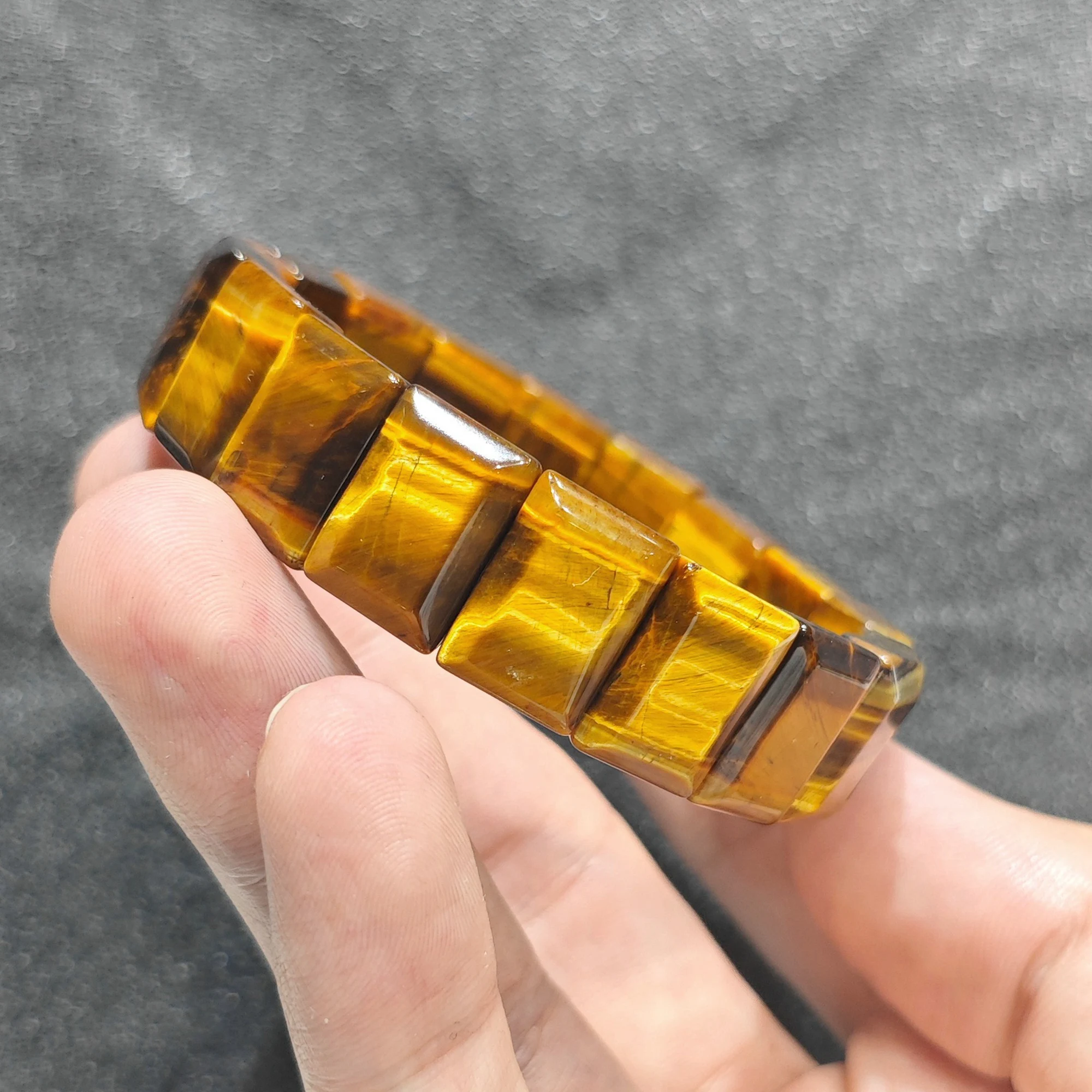 Golden Brown Gemstone Bangle Rectangular Block Shape Stretch Bracelet Aesthetic Silk Luster Jewelry Birthday Gift for Friend