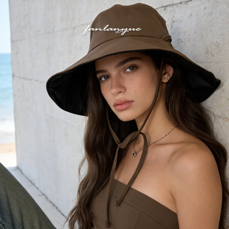 1pc Drawstring Brim Bucket Hats for Women,Summer Lightweight  Adjustable Chin Rope Frayed Design Fishermen Hats for Travel Beach